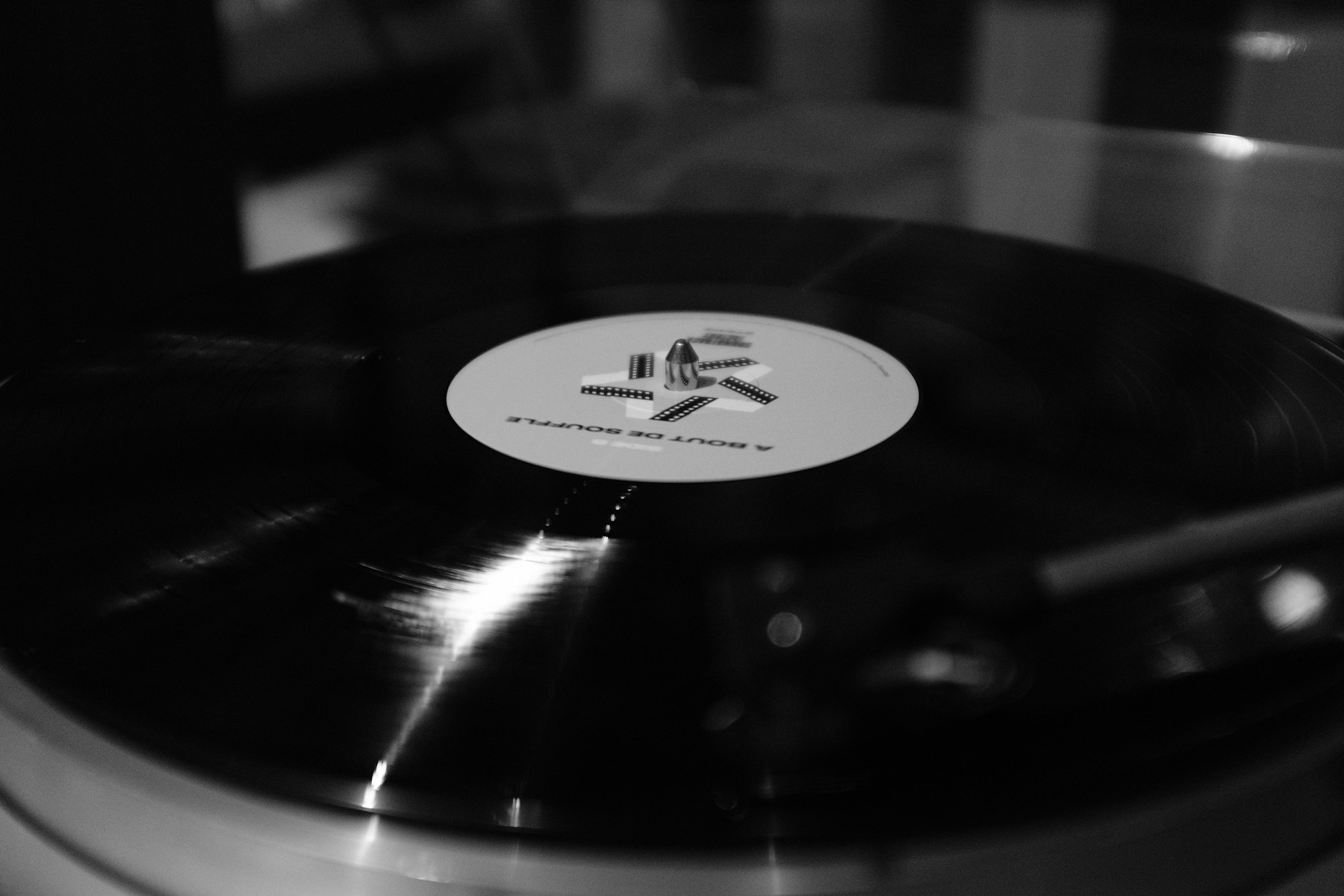 Close-up of a vinyl record on a turntable